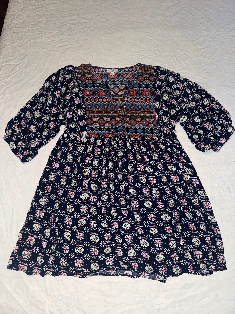 Umgee Boho Mixed-Media Aztec Babydoll Tunic M